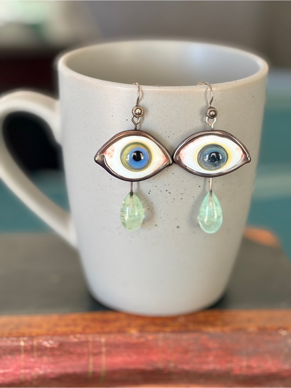 Handcrafted Glass Blue Eye Drop Earrings with Green Teardrop